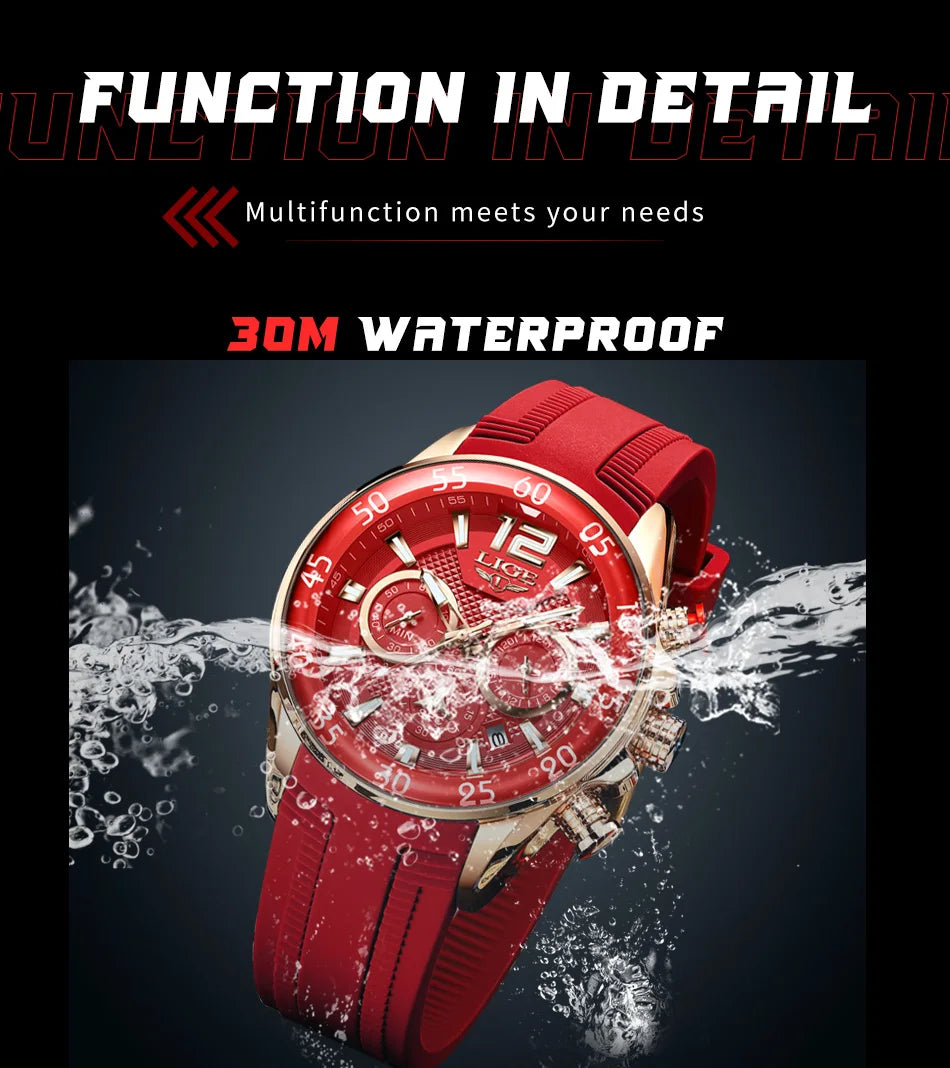 LIGE New Fashion Mens Watches Top Brand Luxury Quartz Wrist Watch Man Sport Red Silicone Watch for Men Reloj Hombre Chronograph