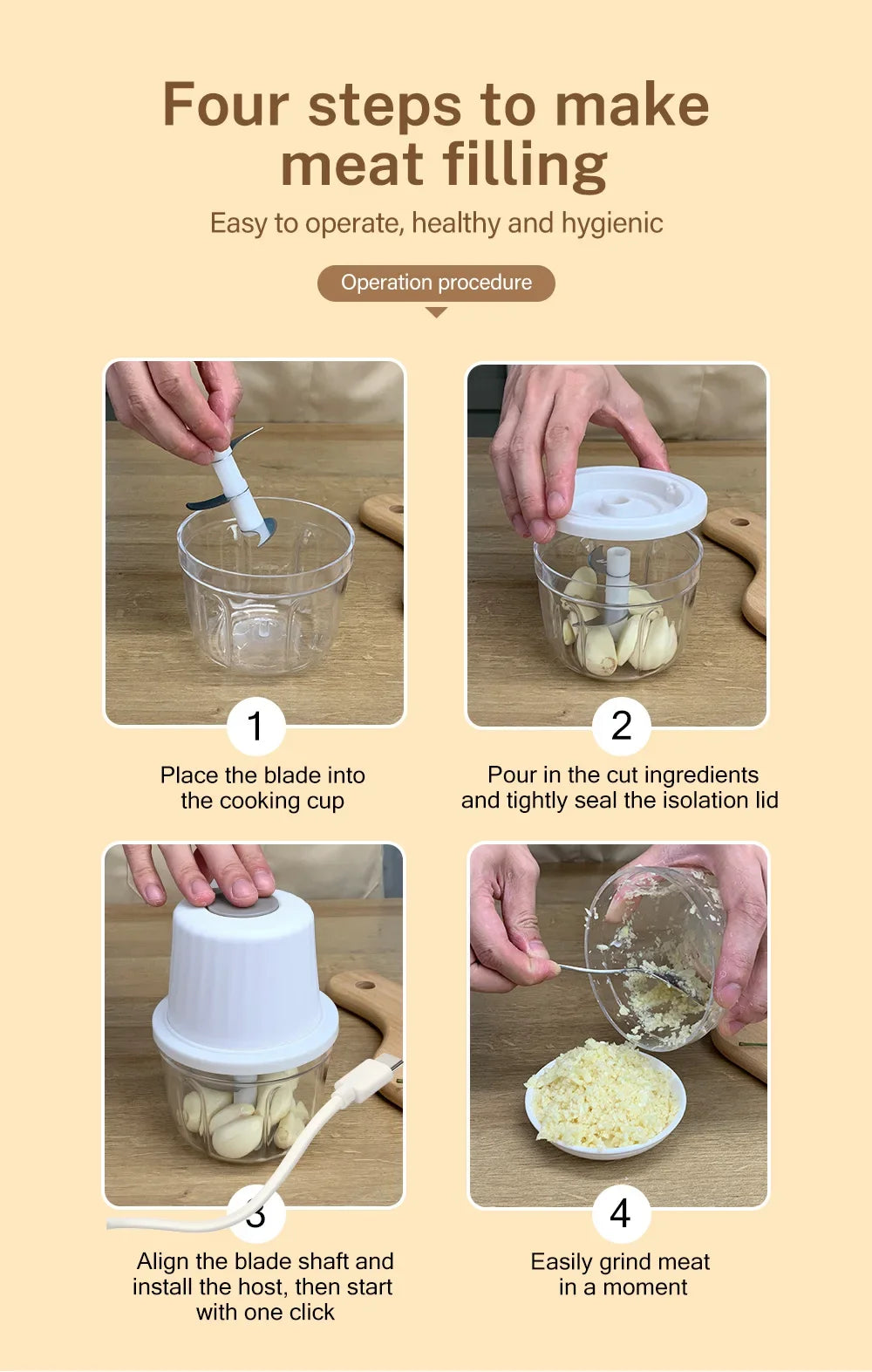 Portable Electric Garlic Mincer 400ML with 6 Blades - USB Charging Mini Vegetable Chopper for Home Cooking & Picnics