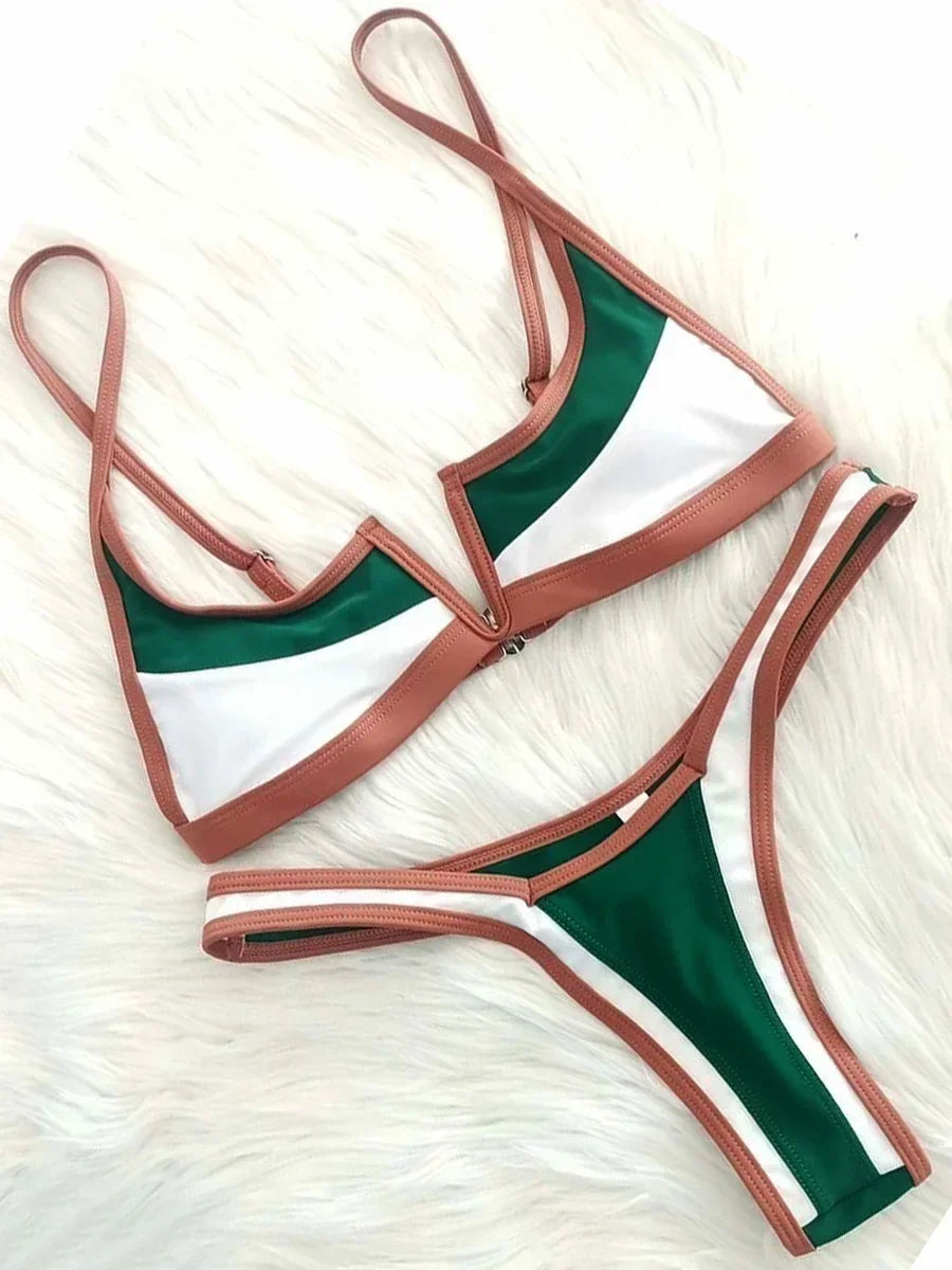 Splicing Denim V Shaped Thong Bikini Women Swimsuit Female Swimwear Two Pieces Bikini Set Bather Push Up Bathing Suit Swim Lady
