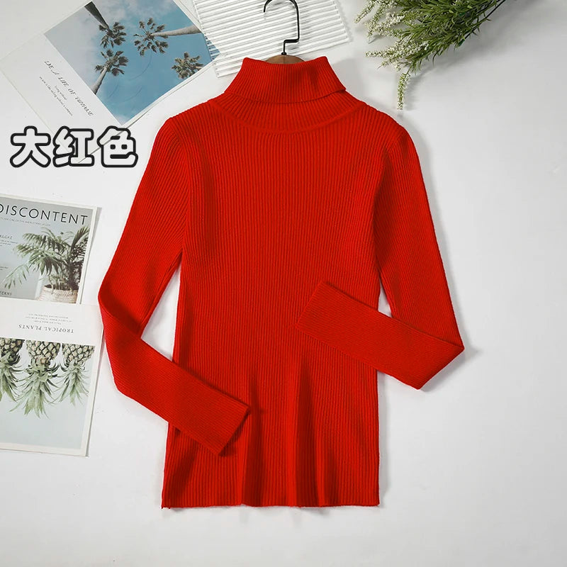 2026 Simple Women Turtleneck Sweater Winter Fashion Pullover Elastic Knit Ladies Jumper Casual Solid Black Female Basic Tops