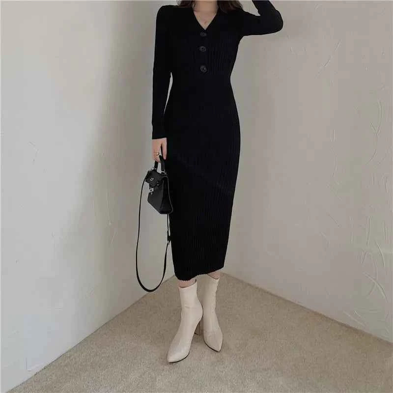 Autumn Winter Sweater Dress For Women 2024 New Arrivals Buttons Up V Neck High Waist Long Knitted Dress Korean Maxi Dresses