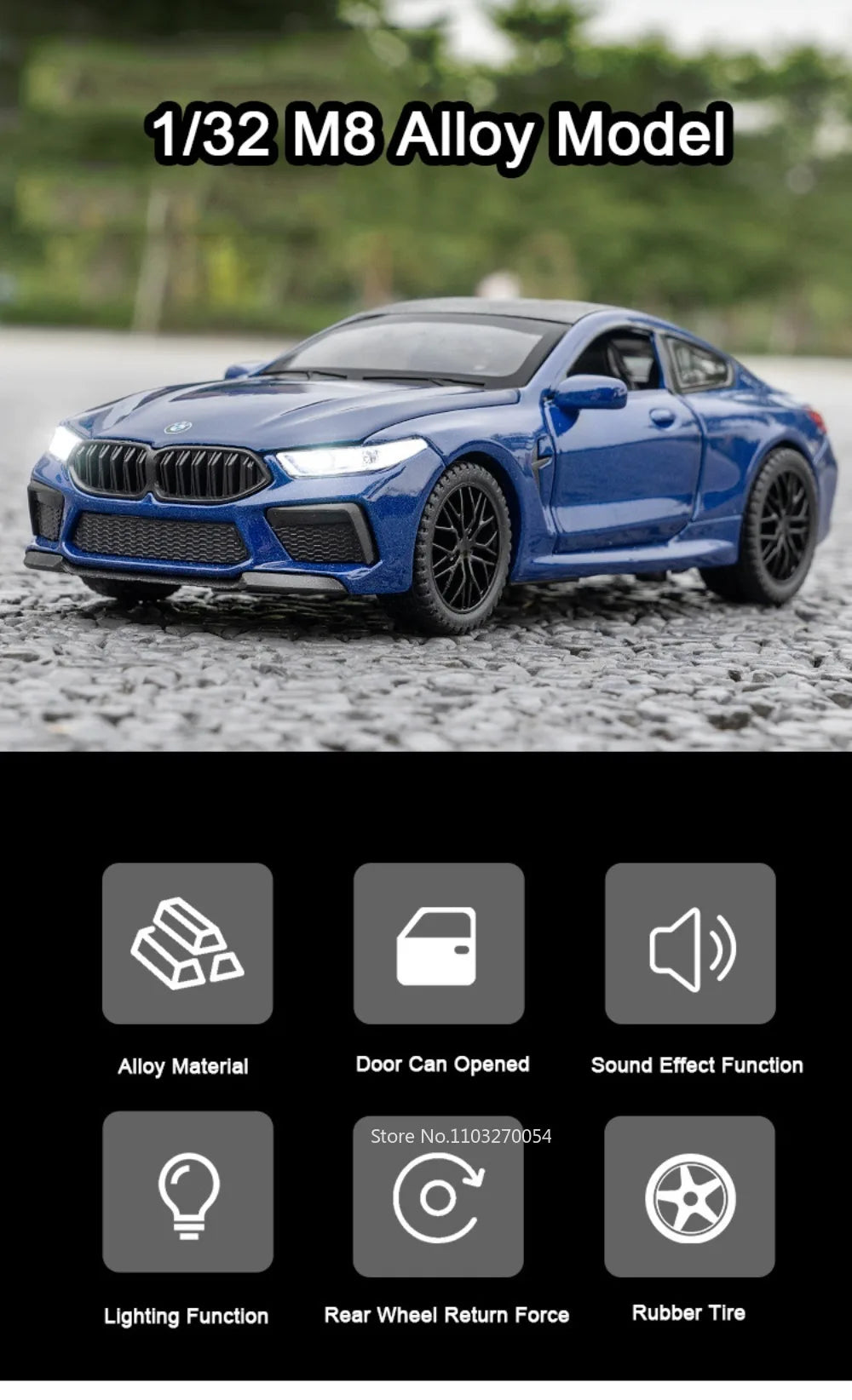 1:32 M4 M8 Miniature Car Alloy Diecast Model Toys 4 Doors Opened Rubber Tires Sound Light Pull Back Vehices Home Decor Ornaments