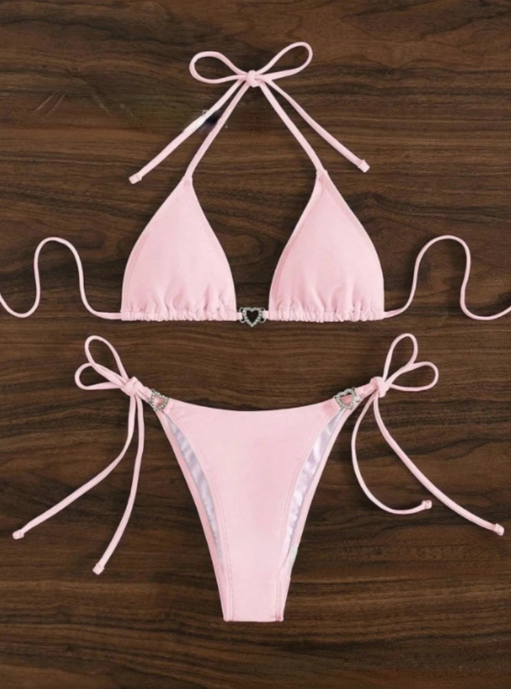 Women Solid Bikini with Crystal Heart Front and Waist Sexy Halter Swimsuit Low Waisted Swimwear Blue/White/Yellow/Rose Swimsuit