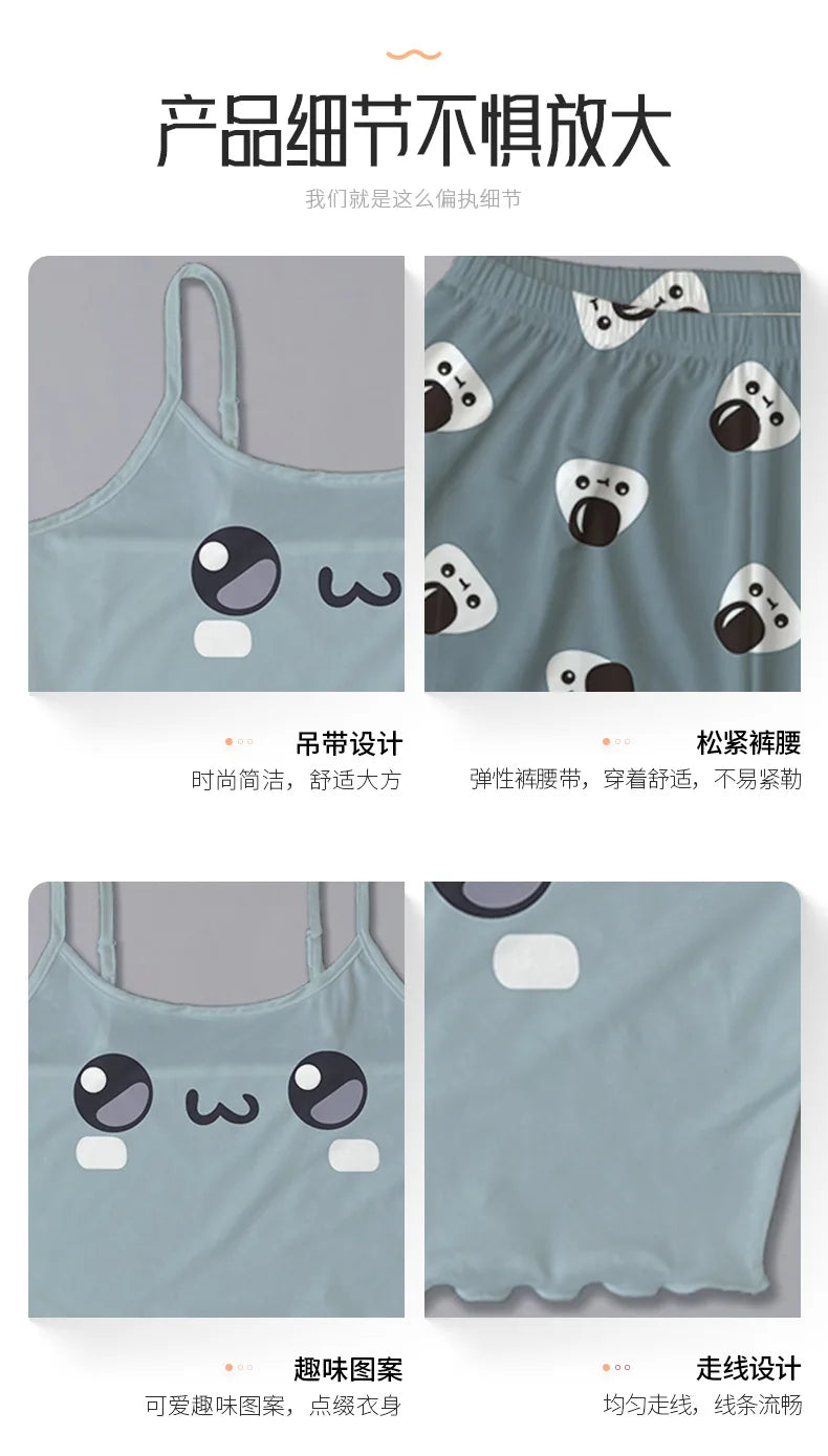 Summer Silk Satin Pyjama Pajamas for Women Sexy Sleepwear Sling Top Shorts Pajama Set Cartoon Pattern Printing 2-Piece Homewear