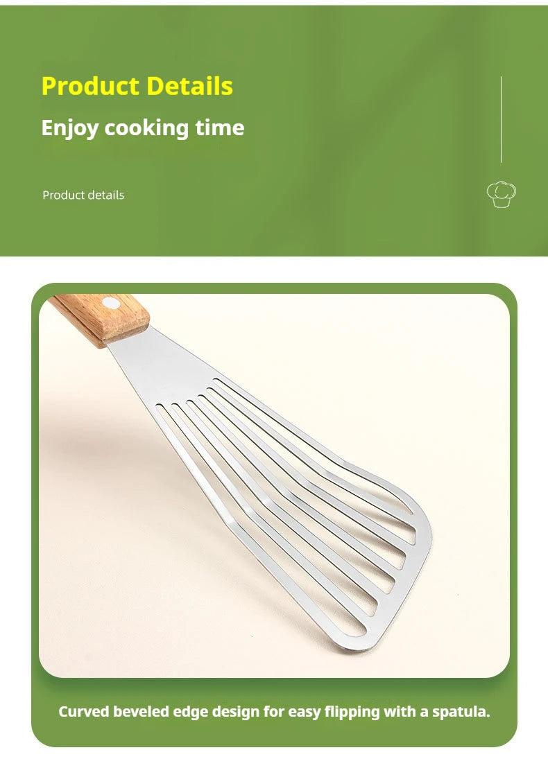 1PC Stainless Steel Fish Frying Shovel with Wooden Handle Fan-shaped Shovel Household High-temperature Frying Shovel