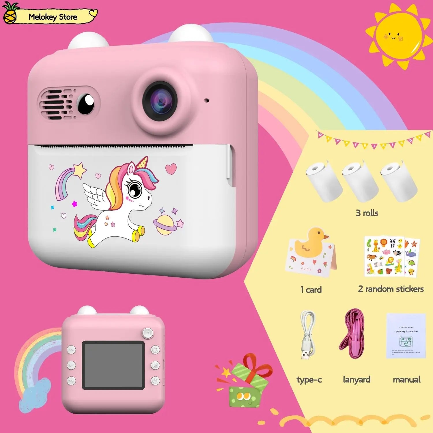 Kids Photo Camera Printer with Game Cute Bunny Mini Digital Video Child Instant Print Camera 4-12 Years Kids Girls Boyes Gifts