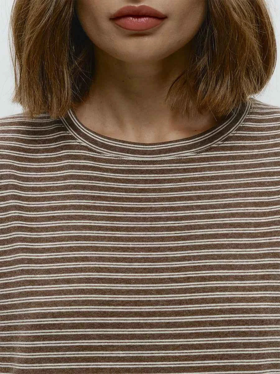 Bornladies Autumn New Fashion Women Cotton Striped Long Sleeve T Shirt Office Casual Simple Round Neck Pullover Tops & Tees