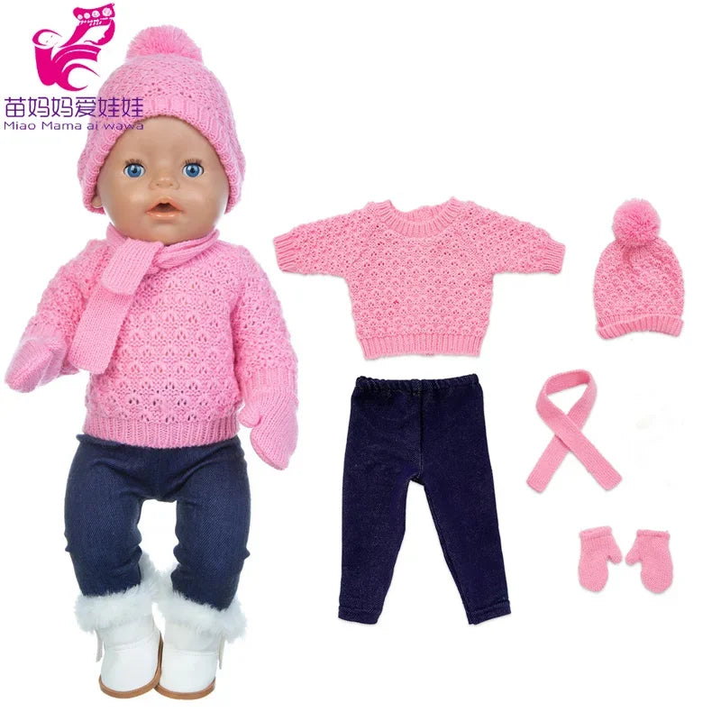 18 Inch Baby Doll Winter Clothes Set Crochet Sweater Scarf Hat Gloves New Year Apparel for 43 Cm Girl Dolls