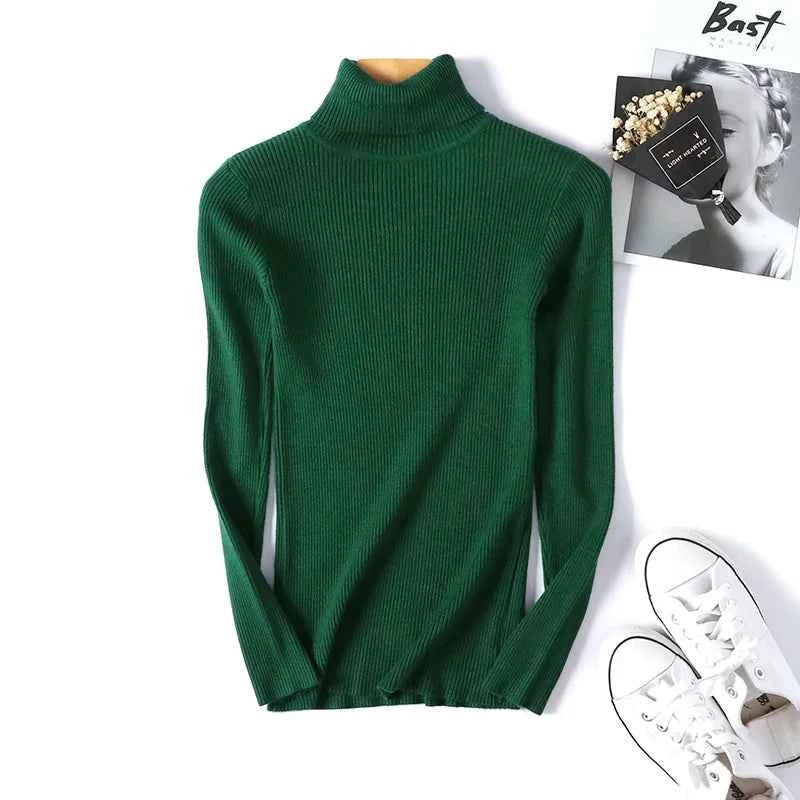 2026 Autumn Winter Women Long Sleeve Knitted Foldover Turtleneck Ribbed Pull Sweater Soft Warm Femme Jumper Pullover Clothes