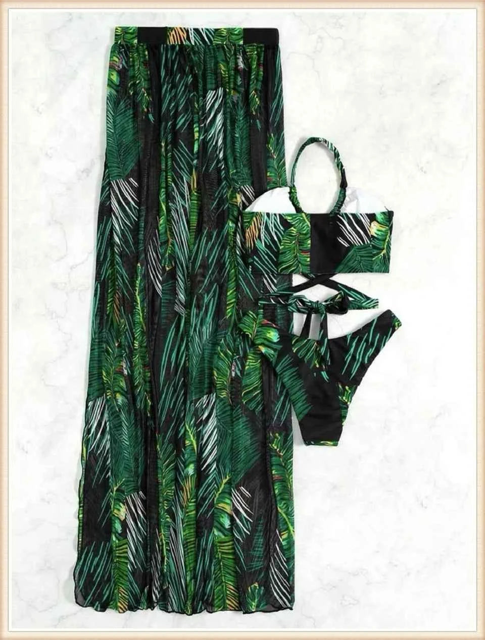 3 Pieces Print Cross Bikini 2025 Women Sexy Halter Swimsuit & Cover Up Beach Dress Swimwear Bathers Bathing Swimming Suit Summer