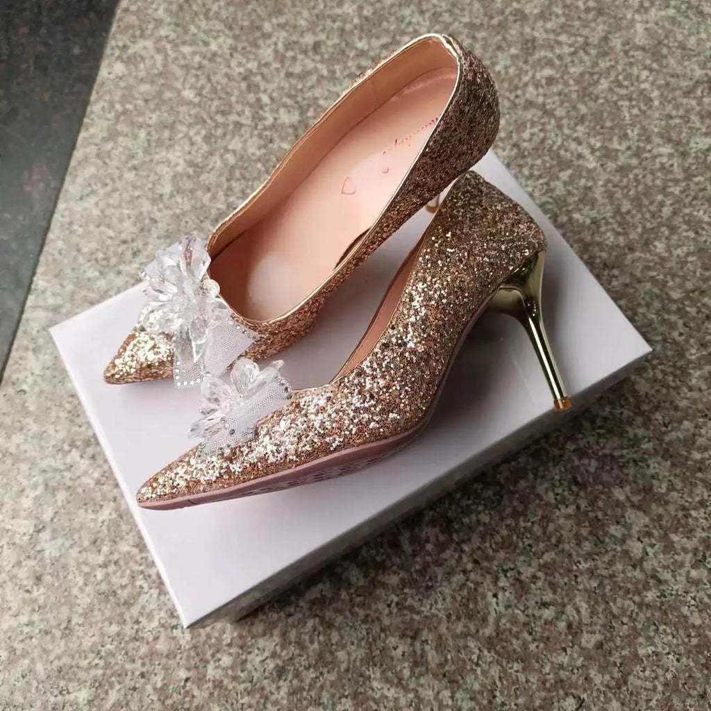 Shoes for Girls High Heels Rhinestone Elegant Woman Heeled Dress Bridal bow sweet Stiletto Princess style Birthday Gifts Adults
