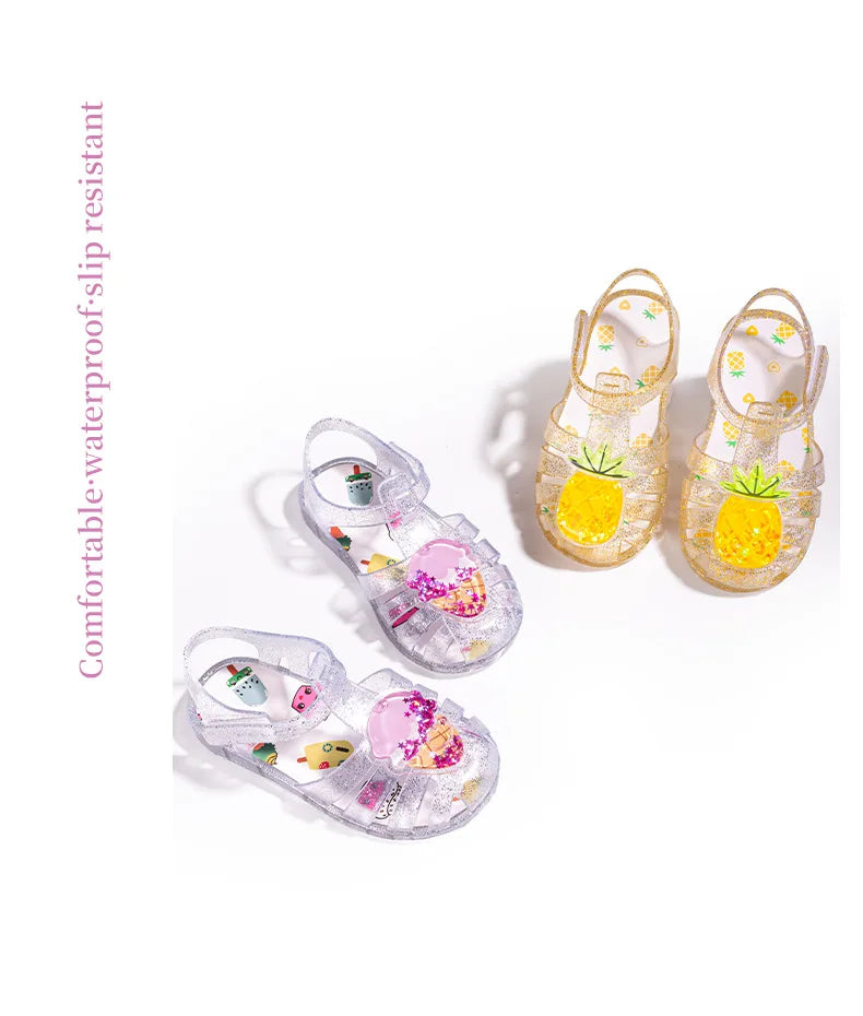 2026 Children's Transparent Crystal Jelly Sandals Soft Non-Slip Sole Princess Roman Style for Summer Cute Kids Footwear