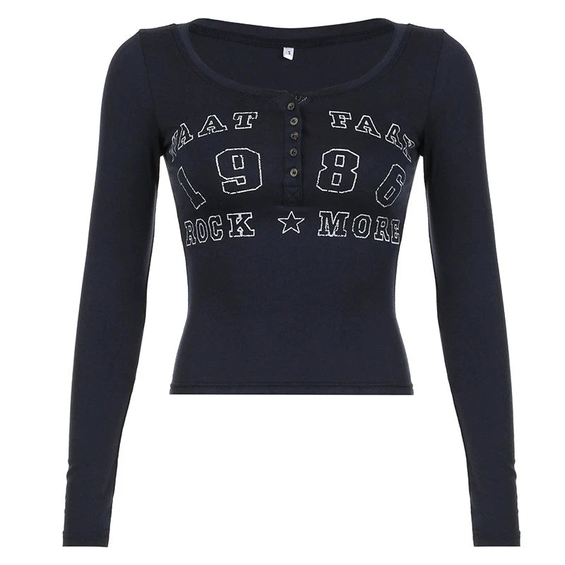 Black T-shirt Women Autumn Letter Print Streetwear Long Sleeves O-Neck Bodycon Sexy Top Button Fashion Casual Slim Tees Female