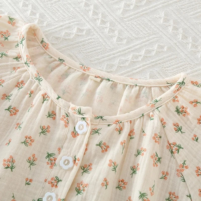 2023Women's Pajamas Pure Cotton Women's Long sleeved Pants Round Neck Loose Homewear Small Fower Print Baby Cotton Sleepwear Set