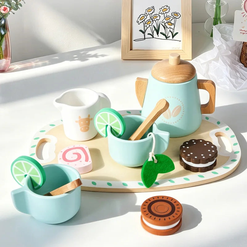 Kids Wooden Educational Toys Pretend Play Tea Dessert Set Role Play Game for Kindergarten Toddlers