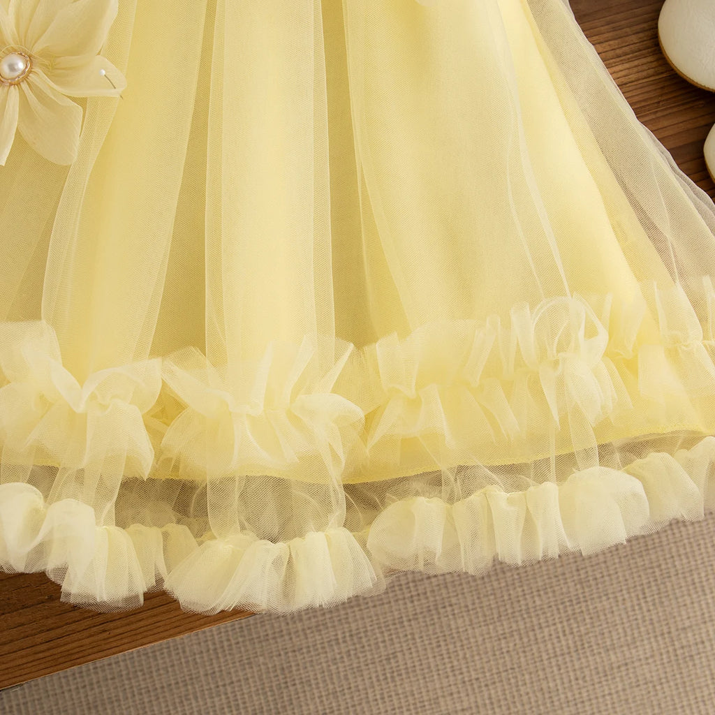 Baby Girl Pink Dress Flower Sweet Sleeveless Feather Gauze Princess Dress Wedding Party Dress for Kids Girl
