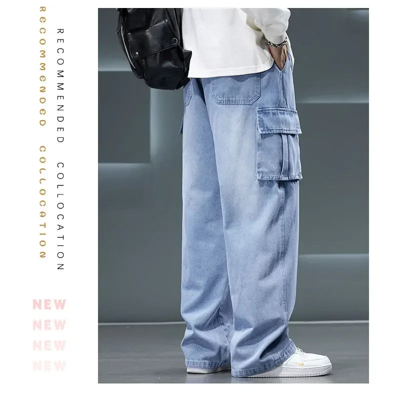 2026 New Wide Leg Washing Jean Pants Men Trousers Neutral Solid Color Loose Casual Fashion Pocket Cargo Pants Big Size 8XL