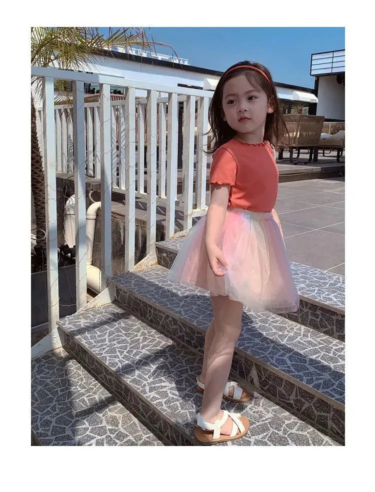 Girls' Casual Ice Silk Short-Sleeve T-Shirt, New Korean Style Children's Ruffled Top, Solid Color, Simple and Versatile
