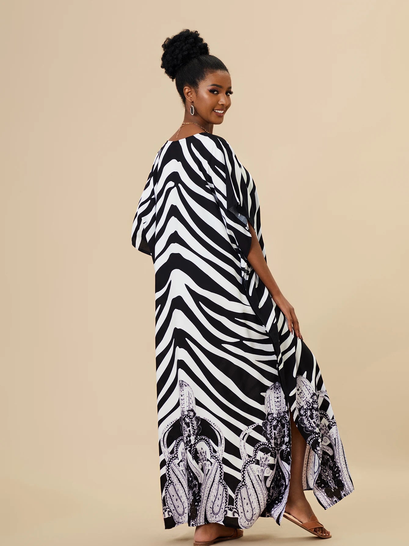 EDOLYNSA 2023 Bohemian Printed Loose Kaftan Casual Summer Vacation Maxi Dress Women Clothing Beach Wear Swim Suit Cover Up Q1469