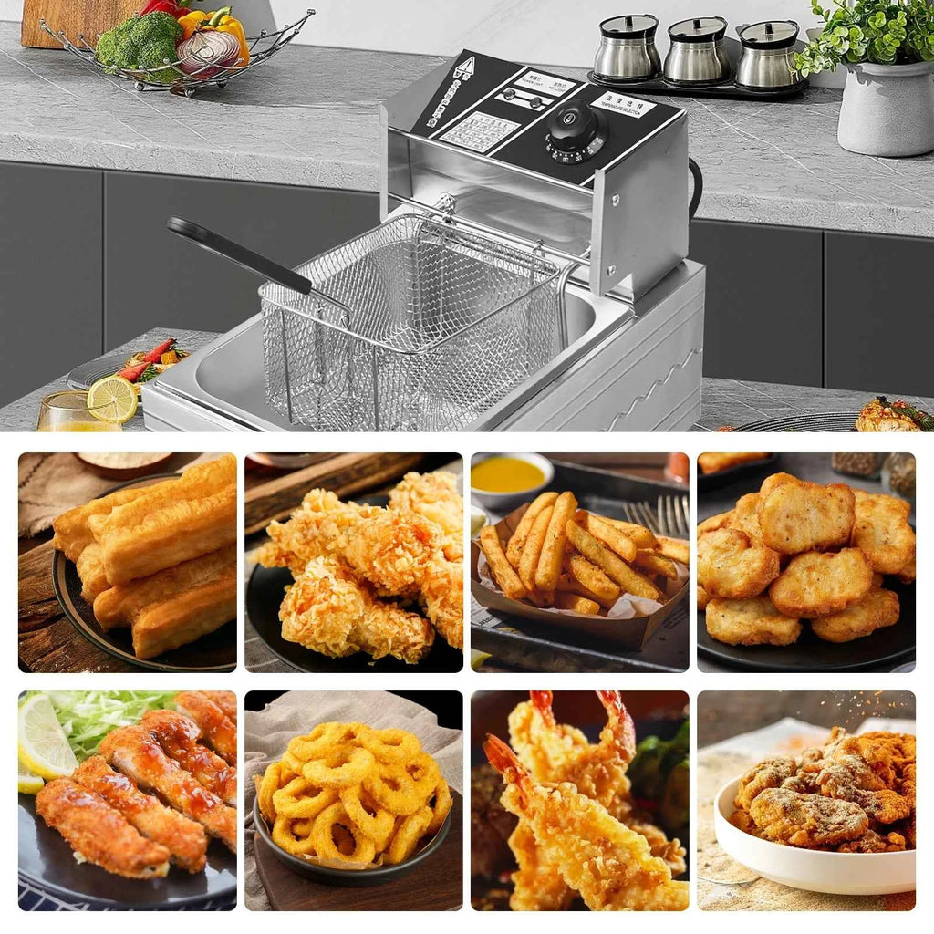 6L Electric Deep Fryer Stainless Steel Countertop Fryer with Basket for Fried Chicken French Fries with Time & Temp Control