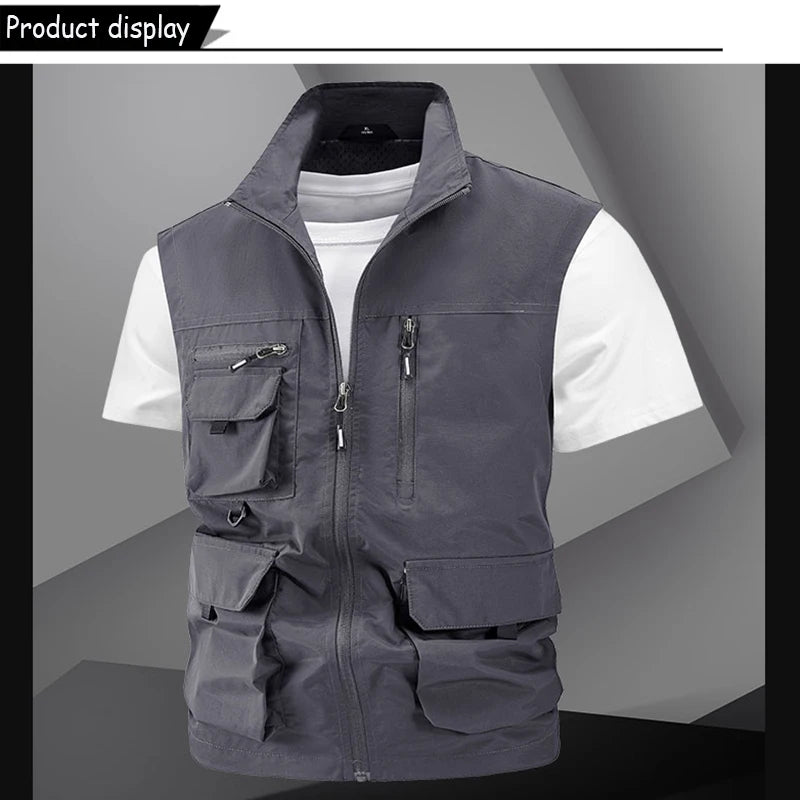 2024 Summer Men Sleeveless Fishing Tool Webbed Breathable Vest Men Many Pocket Outdoors Camping Thin Lightweight Loose Vest Male