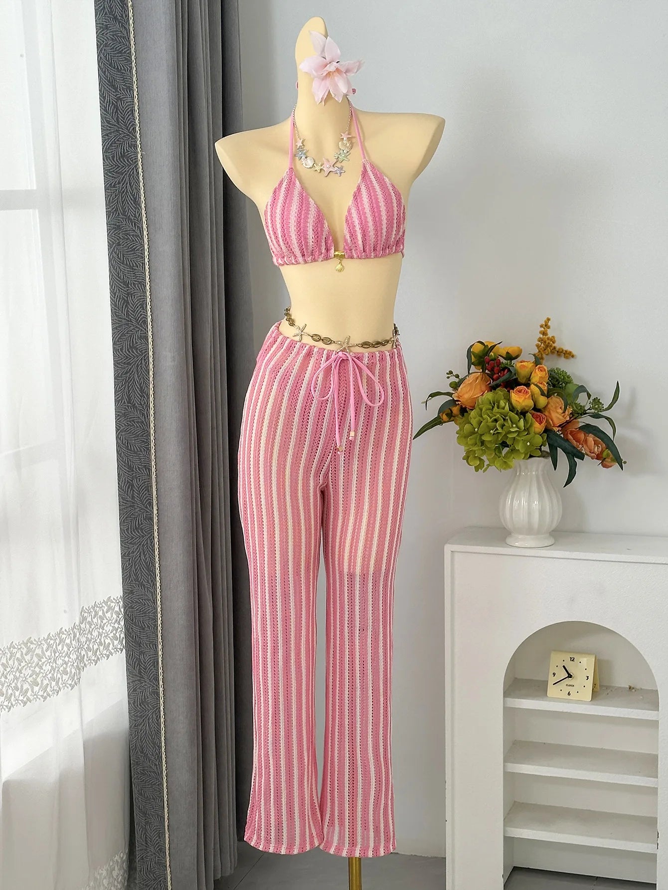 Vintage Red Striped Bikini Set 2026 Women Drawstring Long Panties 3 Piece Swimsuit Beach Holiday Bathing Suit Thong Swimwear