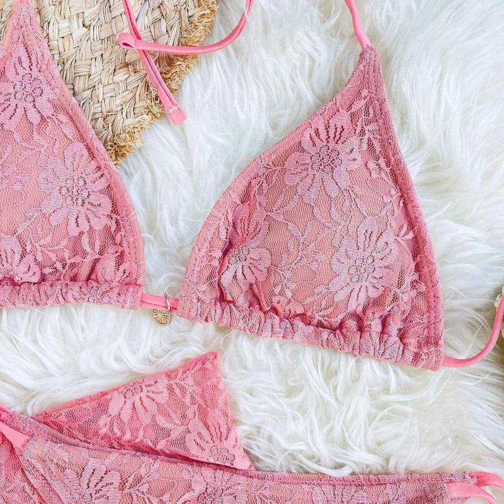Lace Fabric Three-pieces Swimsuit Set With Sarong Bikini Inspired Women's Swimwear Beachwear Bathing Suit Vacay Outfit Biquini