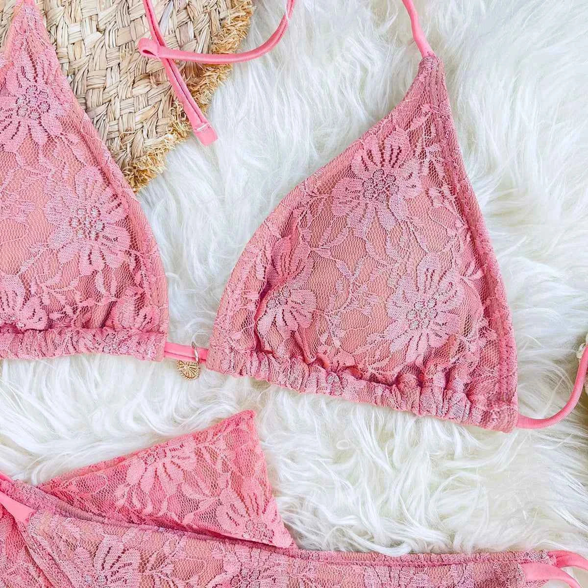 Lace Fabric Three-pieces Swimsuit Set With Sarong Bikini Inspired Women's Swimwear Beachwear Bathing Suit Vacay Outfit Biquini