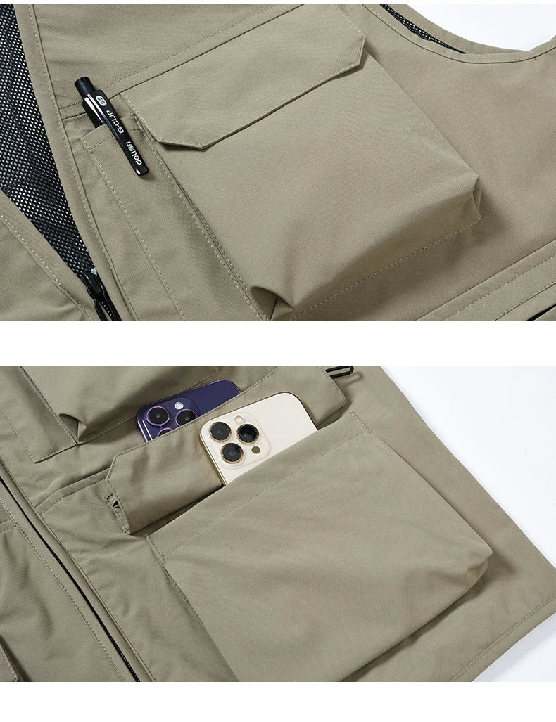 FGKKS Brand Men's Fashion Vest Solid Color Tooling Style Waistcoat Thin Multi-Pocket Casual Loose Vest for Men