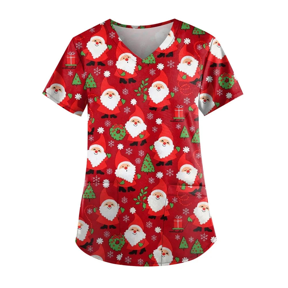Womens Christmas Nurse T Shirt Print Short Sleeve V Neck Workwear With Pocket Working Nurse Work Wear Overalls Medical Uniforms