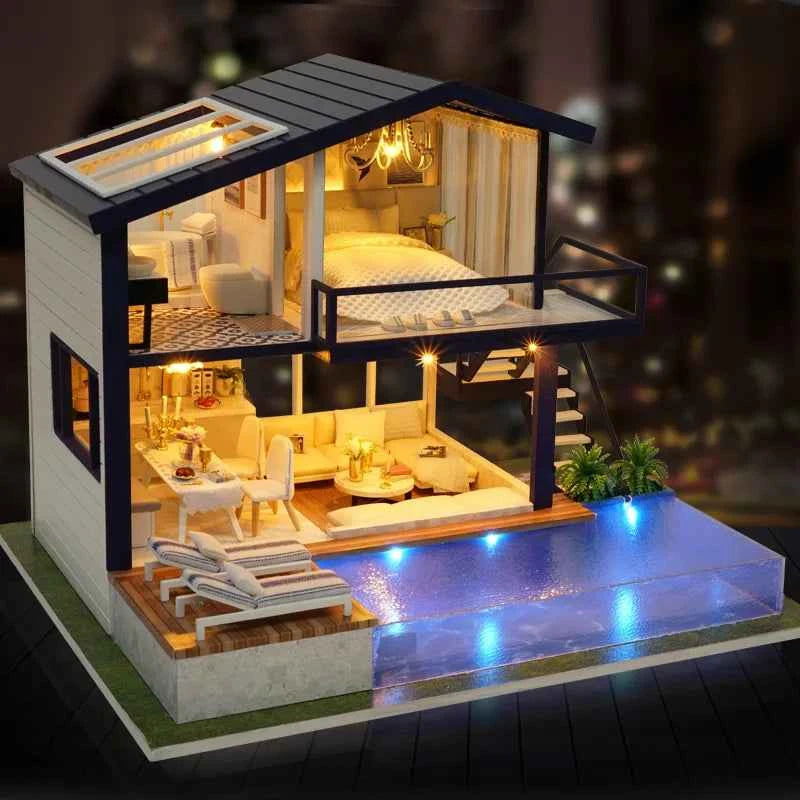 DIY Wooden Dollhouse Mini Building Kit Handmade Doll House Case Model 3D Puzzle Assembly With Furniture Toys For Christmas Gifts