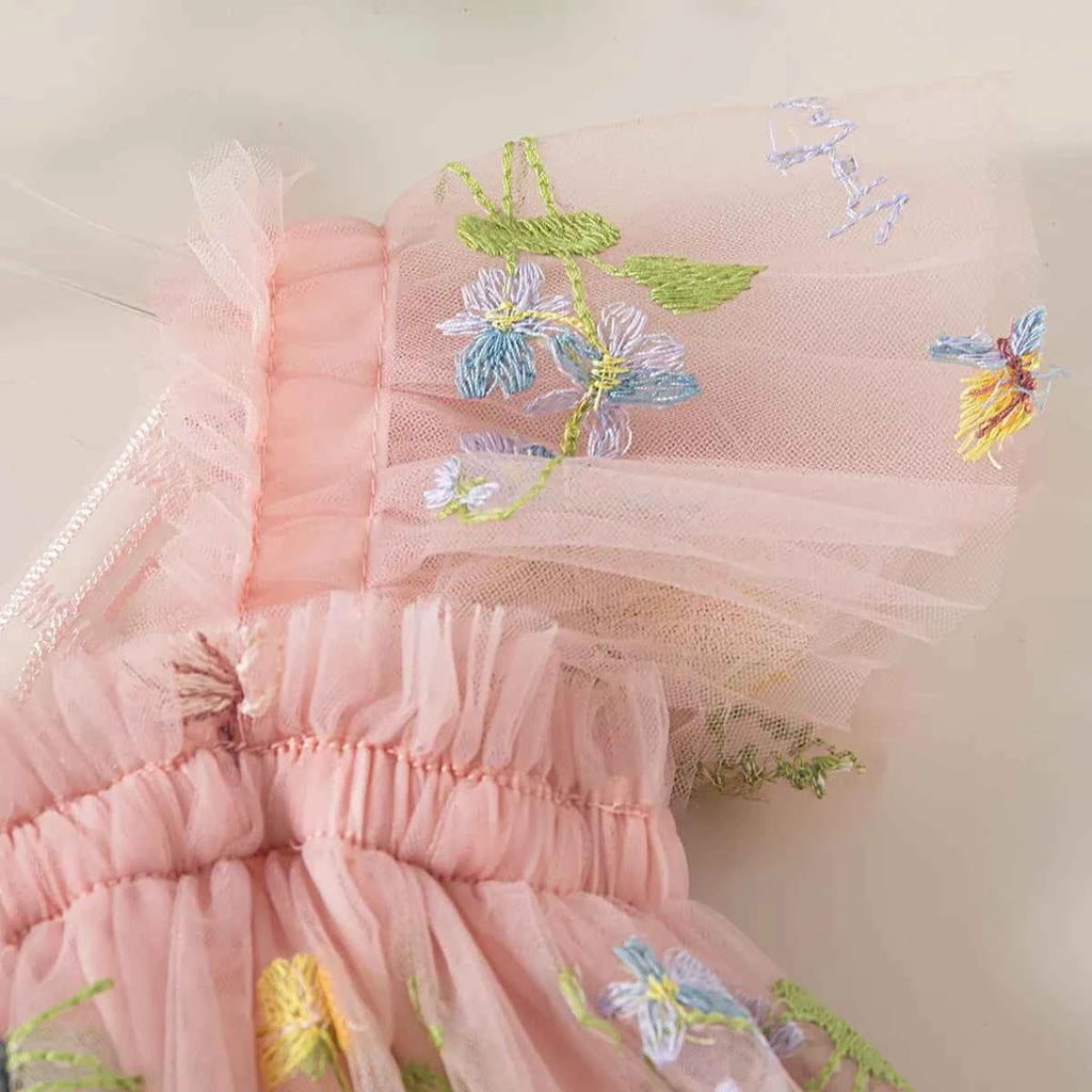 Summer New Girls' Dress Halter Small Flying Sleeve Embroidery Pattern Wings Sweet Princess Dress Mesh Princess Dress