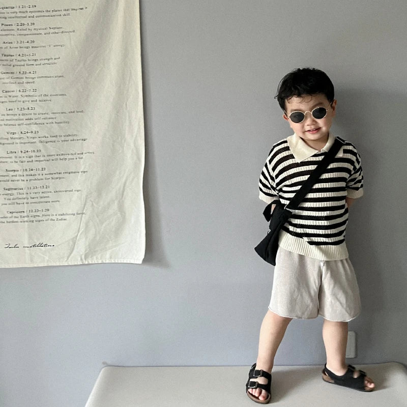 Spring and Summer Japanese Korean 1-6Y Children's Hollow Knitted Shirts Stylish Girl's Boy's Striped Short Sleeved T-shirts