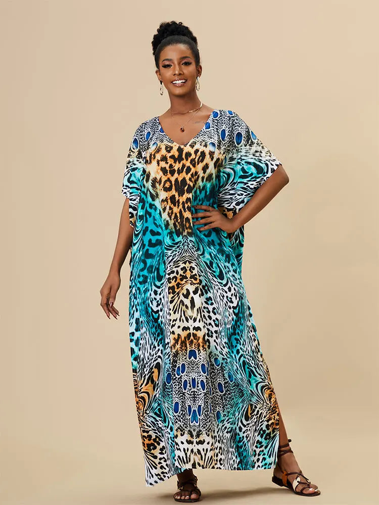 EDOLYNSA 2023 Bohemian Printed Loose Kaftan Casual Summer Vacation Maxi Dress Women Clothing Beach Wear Swim Suit Cover Up Q1469