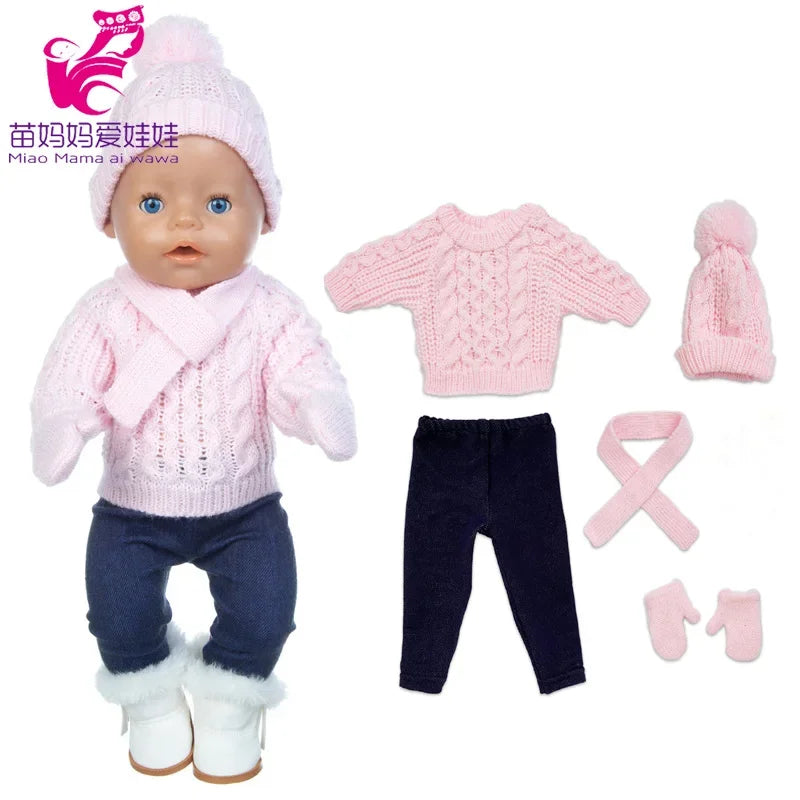 18 Inch Baby Doll Winter Clothes Set Crochet Sweater Scarf Hat Gloves New Year Apparel for 43 Cm Girl Dolls