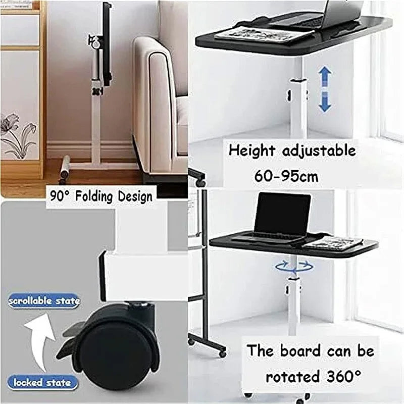 Bedside Desk, Portable Laptop Desk with Drawers, 360 ° Rotating Board, Double Anti Slip Strips, Adjustable Height, Foldable