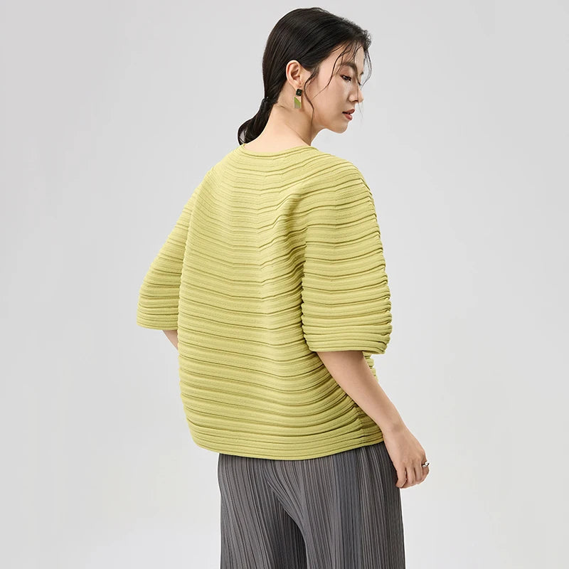 LANMREM Casual Pleated Texture Round Neck Half Sleeve Thick Wome's T-shirt Chic New Knitwear Fashion Pullover Top Chic 2DB5036