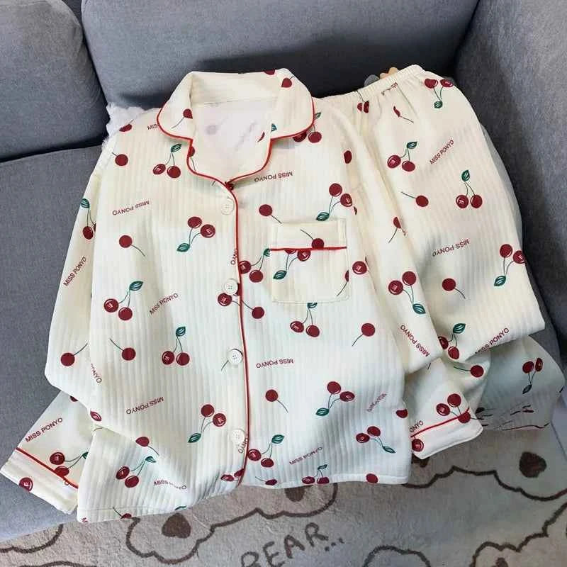 Korean Style Colourful Dot Women's Sleepwear Set 2025 Autumn Winter New Pajamas Set Cute Lapel Neck Casual Homewear 2PC Suit