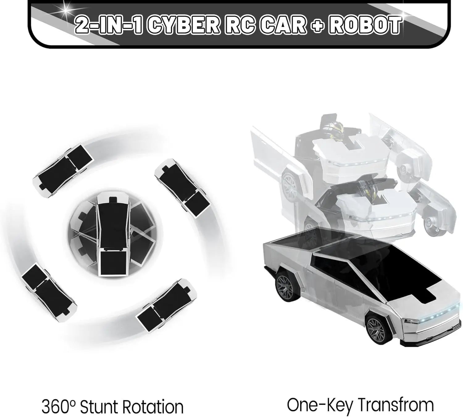 2.4GHz Cyber Pickup Remote Control Robot Car Toy One Click Transformation with LED Light 360° Rotation Drift Mode Children's Gi
