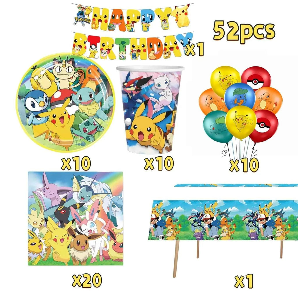 Pokemons Party Birthday Decoration Happy Pikachu Theme Tableware Cups Plates Balloons Banner Supplies Kids Favors Baby Shower