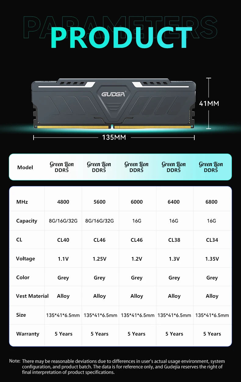 GUDGA RAM DDR5 Memory 8GB/16GB/32GB 4800-6800MHz Memoria RAM UDIMM Desktop with Aluminum Heatsink for Diy Gaming Computer Memory