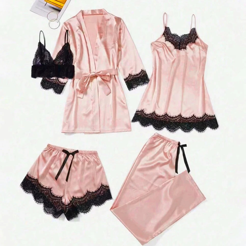 5 Pieces Women's Satin Sleepwear Pajama Set Robe Sexy Lingerie Bathrobe Lace Silk Night Dress Trousers Home Clothed Nightwear PJ