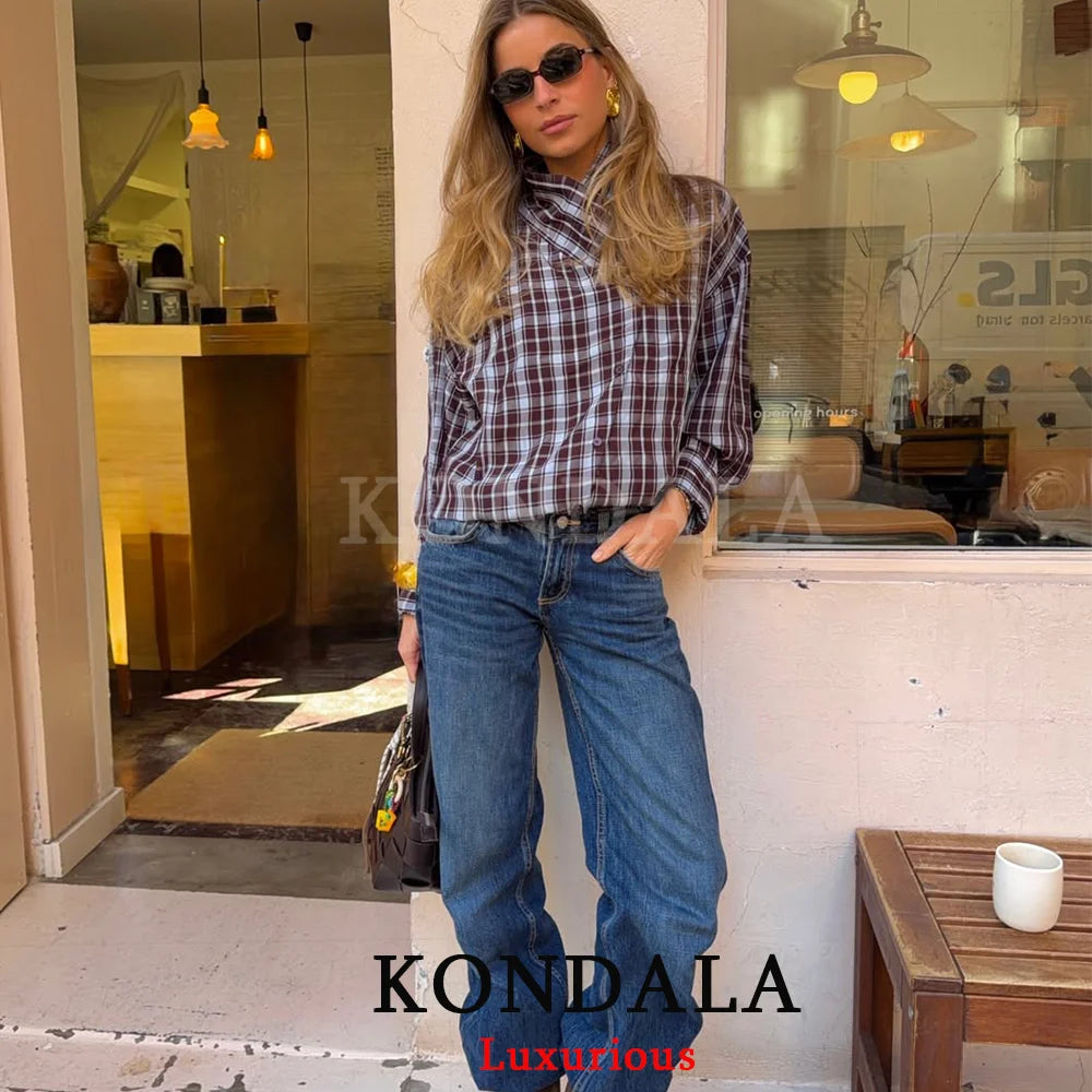 KONDALA Streetwear Casual Chic Women Blouse Plaid Stand Collar Single Breasted Blouse Fashion 2026 Spring Summer Holiday Blouse