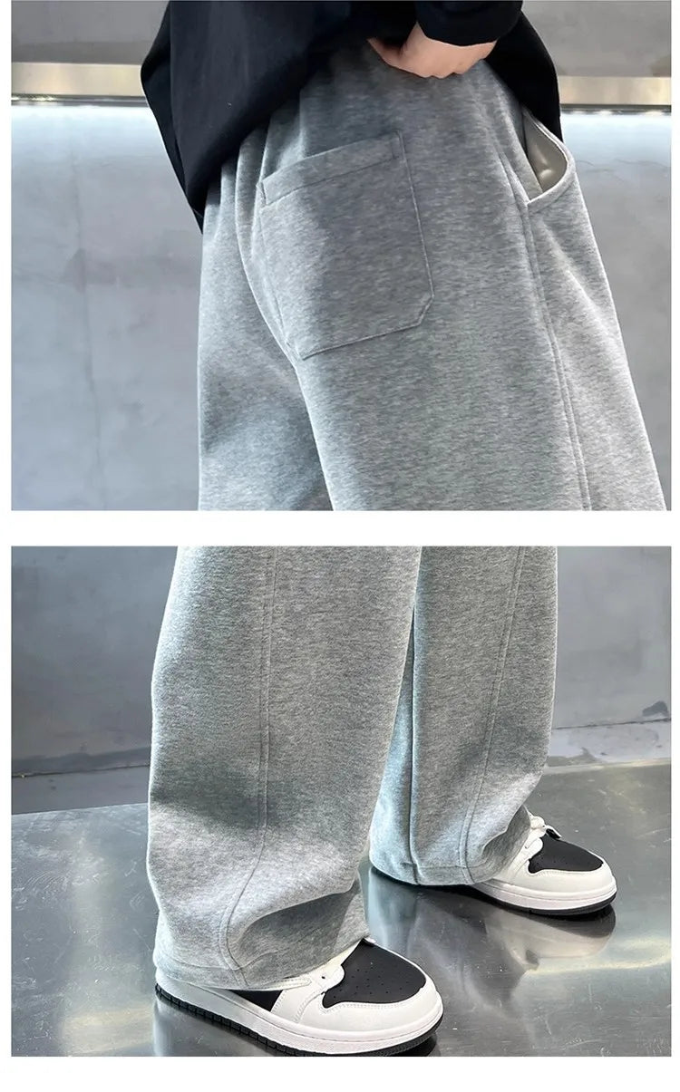 2026 New Spring Casual Kids Pants Black Elastic Waist Straight Leg Sweatpants for Boys Loose Pocket Children Trousers