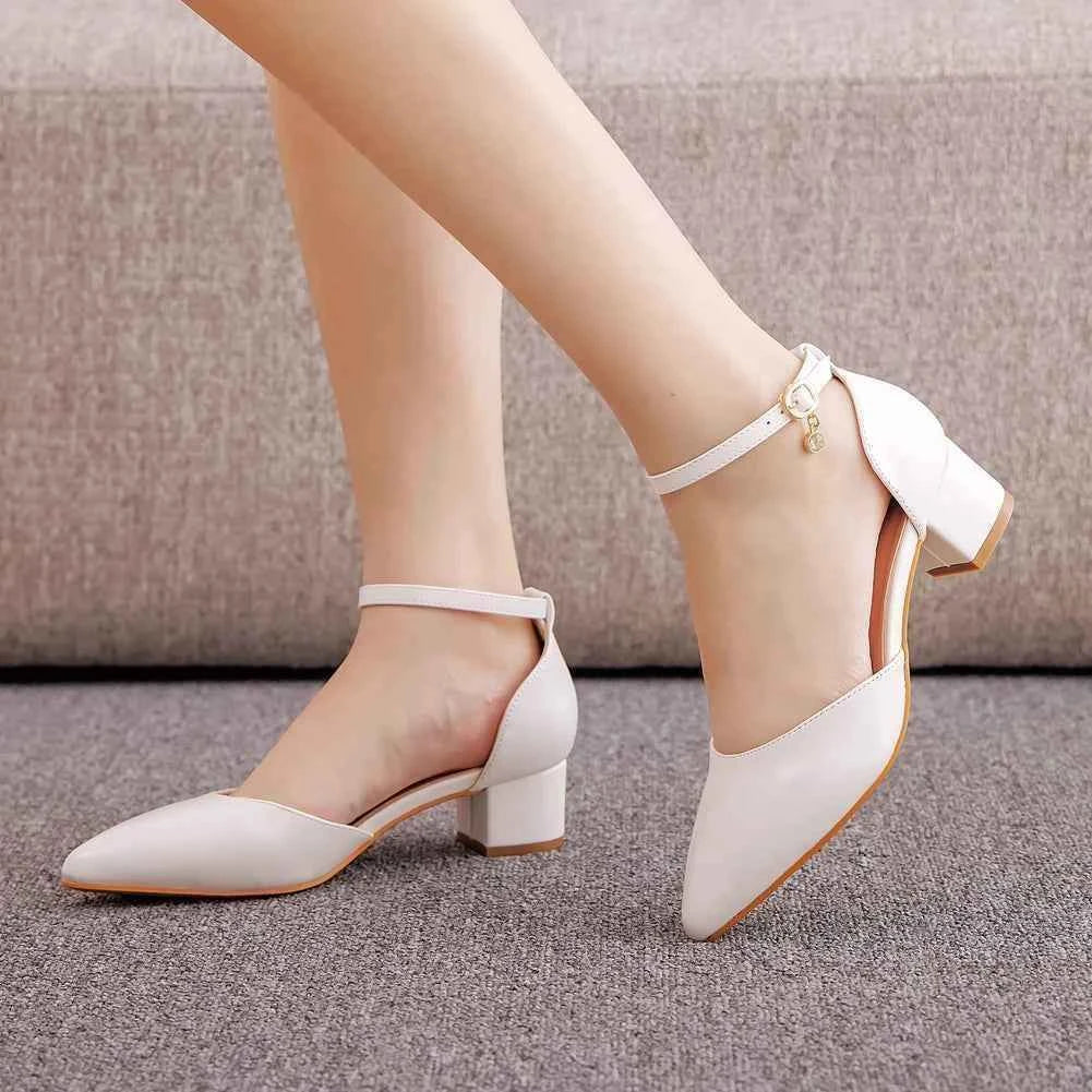 Crystal Queen Women 7CM Thick High Heels Sexy Pumps White Wedding Bride Shoes Pointed Toe Buckle Strap Sandals