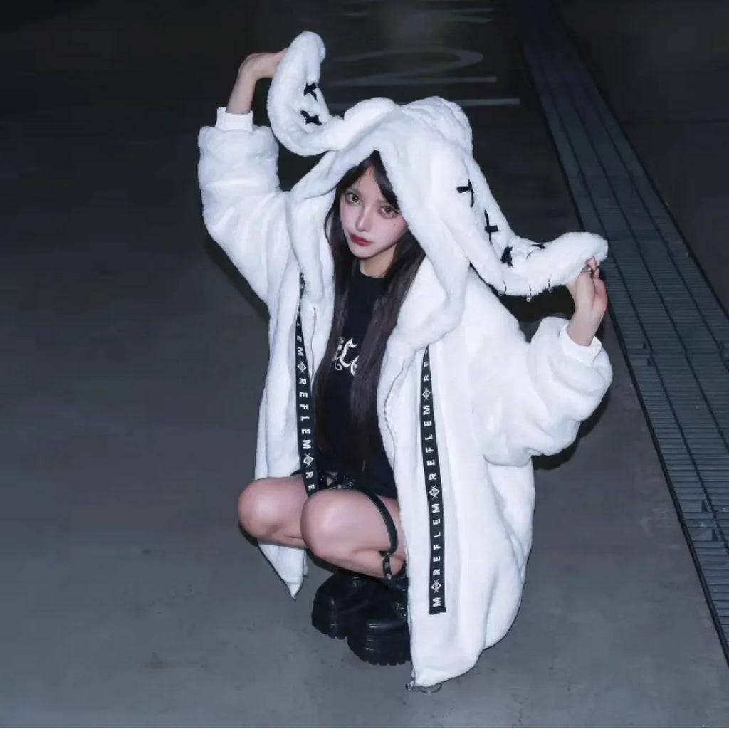 2026 New Harajuku Rabbit Ears Plush Coat Winter New Japanese Plush Coat Women Dark Punk Medium Plush Coat