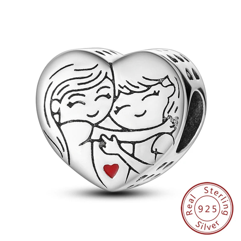 Original 925 Sterling Silver Charm Bead Mother's Day Love Heart Family Charm Bead Pendant Fits Bracelet Womens Jewelry Gifts