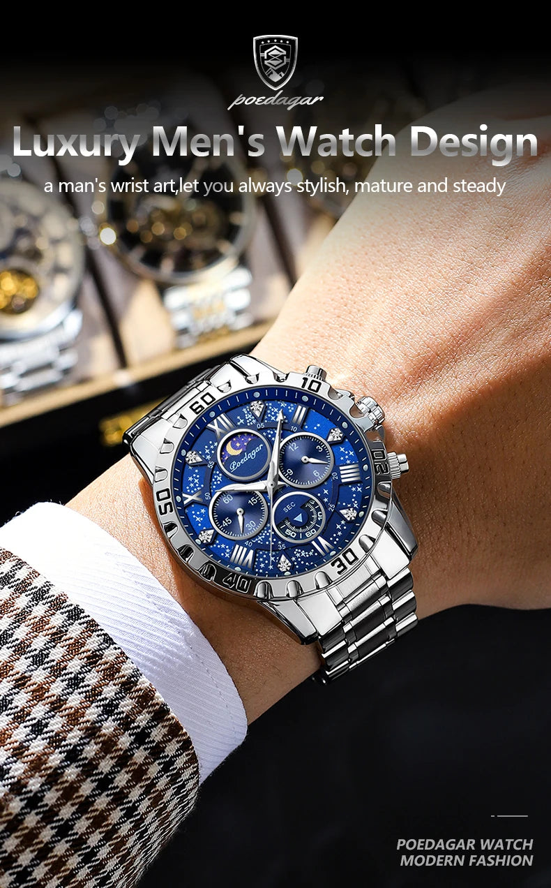 POEDAGAR Luxury Fashion Man Watch Waterproof Luminous Chronograph Men Watch Stainless Steel Sports Military Quartz Men's Watches