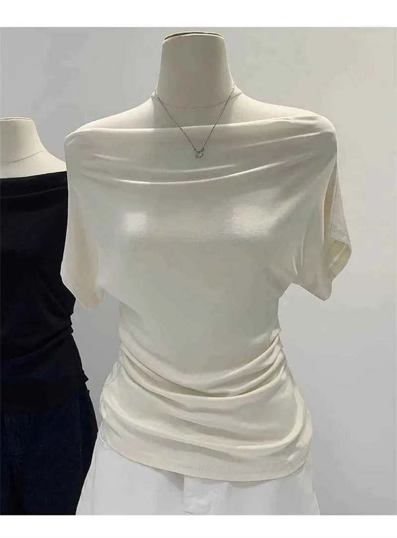 Summer One Shoulder Black Women's T-shirt Short Sleeve Korean Style Slimming Top Exposed Shoulder Fashionable