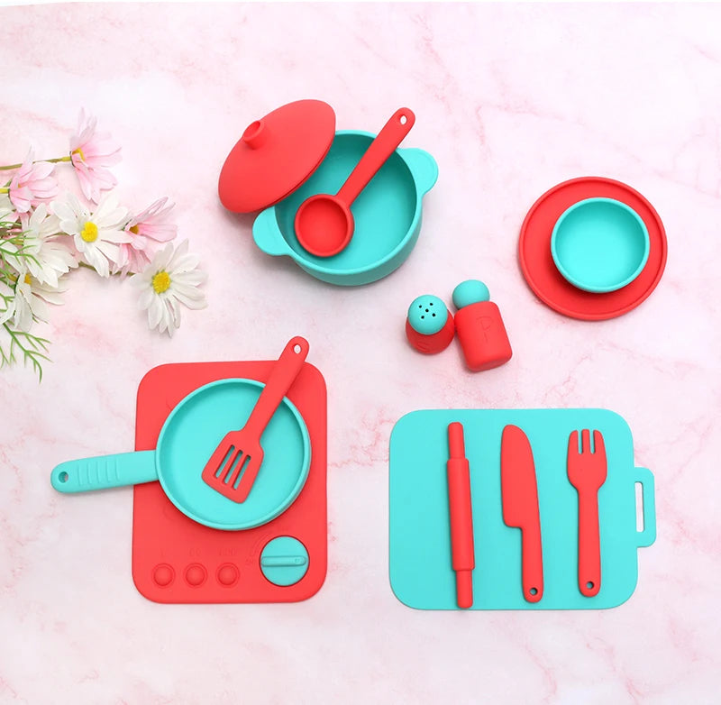 Kids Pretend Play Kitchen Toys, Food-Grade Silicone Dish Set, Realistic Mini Cooking Toys with Bowls, Plates, Pots for Toddlers